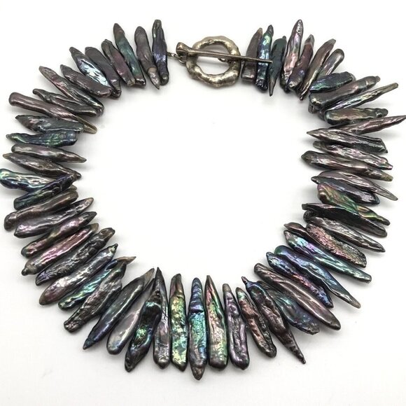 Vintage 925 Sterling Silver Chunky Abalone Unique Abstract Toggle Necklace - Picture 1 of 11